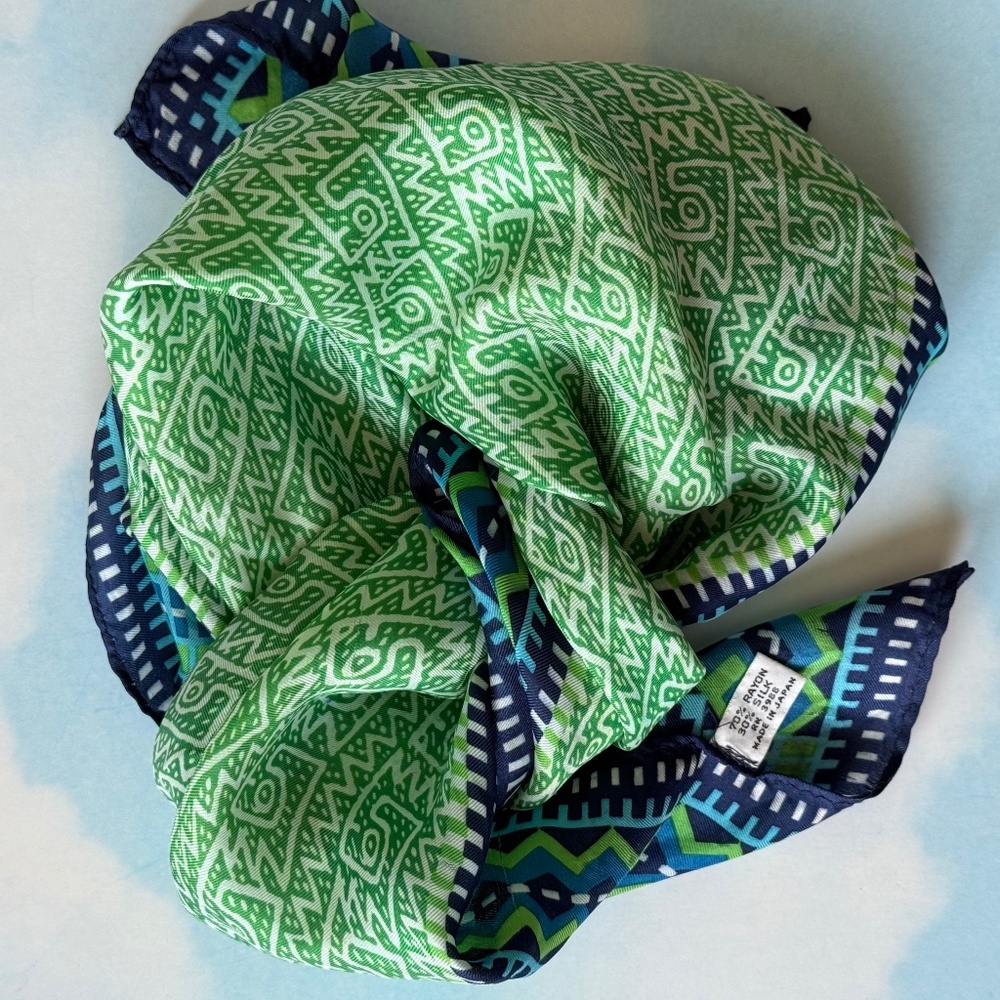 VINTAGE JAPAN Scarf Square Silk Blend Graphic Colorful Green Blue 21" x 21"